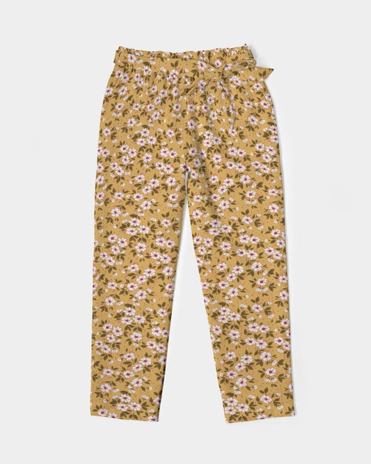 BROWN FLOWERS BLOOM TOO Women's All-Over Print Belted Tapered Pants