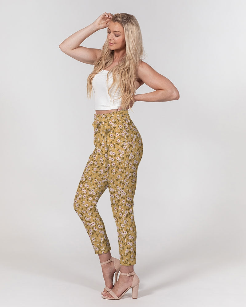 BROWN FLOWERS BLOOM TOO Women's All-Over Print Belted Tapered Pants