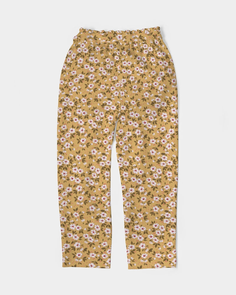 BROWN FLOWERS BLOOM TOO Women's All-Over Print Belted Tapered Pants