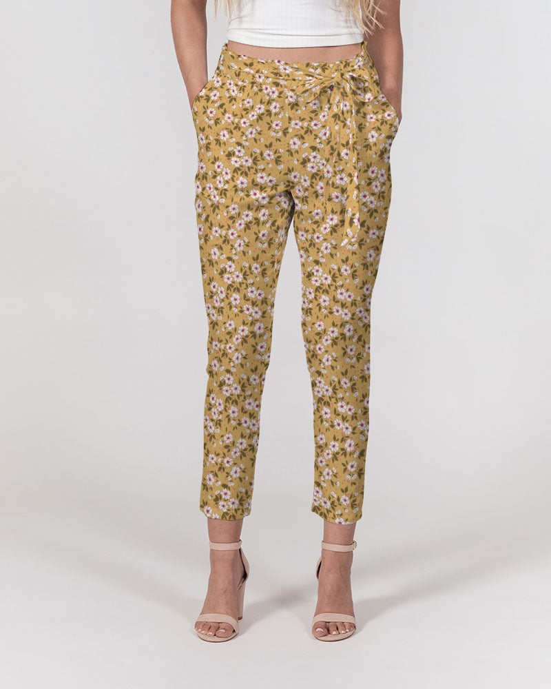 BROWN FLOWERS BLOOM TOO Women's All-Over Print Belted Tapered Pants