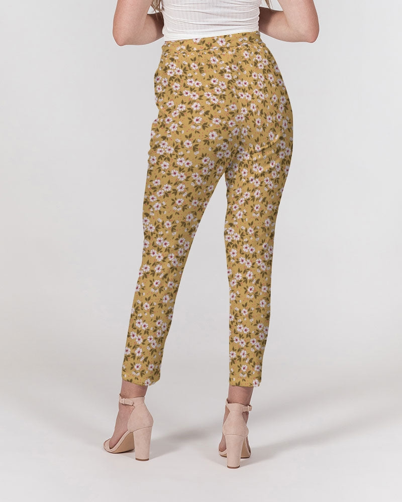 BROWN FLOWERS BLOOM TOO Women's All-Over Print Belted Tapered Pants