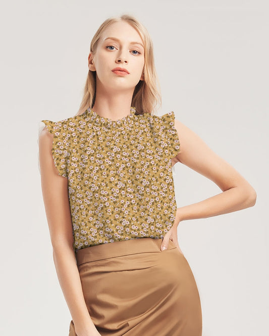 BROWN FLOWERS BLOOM TOO Women's All-Over Print Ruffle Sleeve Top