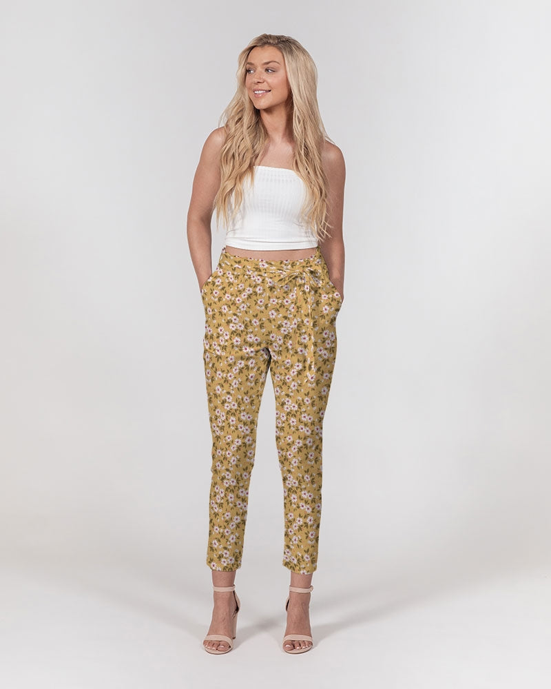 BROWN FLOWERS BLOOM TOO Women's All-Over Print Belted Tapered Pants